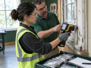 Trainee tests old window paint with an XRF analyzer as an instructor points at the screen